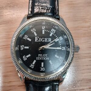 Eiger Pilot Edition Watch Mens Hand Crafted Faux Leather Strap OS Black Silver